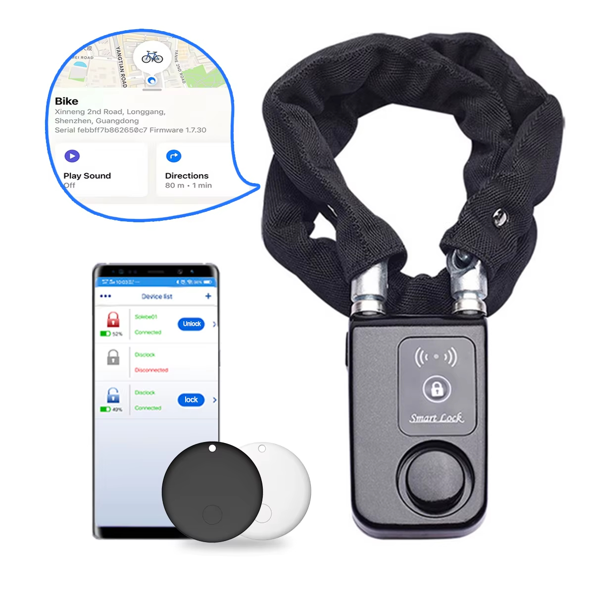 Chain Lock Combination - 110dB Alarm Fietskettingslot met AirTag-sleuf IP55